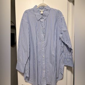 Women Blue Stripped Long Bottom Down Shirt